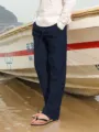 Herren Freizeit Baumwolle Leinen Hose Lose Passform Kordelzug Weites Bein gerade - Marineblau