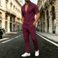Herren Sommer Freizeit Kurzarm V-Ausschnitt Polohemd und Hose zweiteiliges Set Outfit - S / Oberteil und Unterteil / Burgunderrot