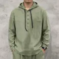 Close-up of men's casual long sleeve linen hoodie featuring buttons and drawstrings for daily comfort. - Army Green