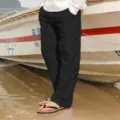 Men's casual loose linen cotton trousers drawstring straight leg summer beach pants - S / Bottoms / Black