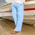Men's light blue casual cotton-linen drawstring wide-leg straight trousers, comfortable fit. - S / Bottoms / Light Blue
