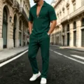 Men waffle knit short sleeve v-neck shirt and casual long pants two piece set in deep green. - Dark Green