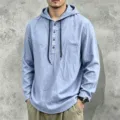 Men's casual long sleeve hooded linen shirt with buttons and drawstrings for spring and autumn. - Sky Blue