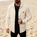 Mens casual waffle long sleeve button down shirt with lapel pocket for autumn outdoor wear. - S / Tops / Khaki