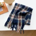 Detailed view of autumn winter vintage color blocked plaid tassel soft warm scarf detail. - Style 3