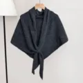 Dark gray knit shawl detail, cozy winter triangle scarf close up view, warm neck wrap. - Dark Gray