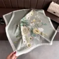 Chic sage green floral silk square scarf with white border, soft satin fashion accessory for women. - Mint Green
