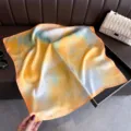 Detailed view of literary fresh print fashion silk scarf, elegant square shawl for women. - Yellow