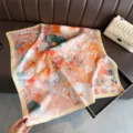 Korean style imitation silk floral square scarf elegant neck head wrap shawl for women - FG137-1 Orange