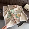Elegant beige floral print square silk scarf, stylish neck accessory and fashion shawl for women. - Nude Apricot