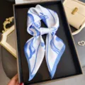 Blue and white printed silk scarf square scarf detail, elegant neck tie hair band. - 66-70CM / Blue