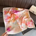 Korean style floral print imitation silk square scarf, elegant sun shawl for women. - FG137-4 Pink