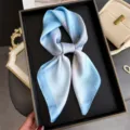 Elegant gradient blue silk square scarf for women, stylish neckerchief and hair band accessory. - Blue