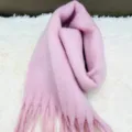 Pink fluffy mohair winter scarf with fringe, thick warm solid color knitted scarf. - Sakura Pink