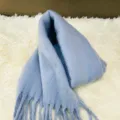 Cozy light blue mohair-style winter scarf with fringe, warm thick solid color shawl for women. - Fog Blue