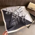 Chic black and white color block floral silk square scarf, elegant neck wrap and shawl. - Black