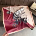 Chic color-block floral print silk square scarf, elegant neckerchief and hair accessory detail. - Red