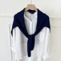 Korean minimalist knit tied shawl stylish solid color comfortable versatile outer wear for women. - Dark Blue