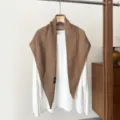 Brown hollow knit triangle shawl detail, elegant woolen blend minimalist women scarf outerwear. - Coffee
