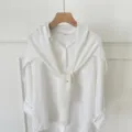 Korean minimalist white shirt with knit tied shawl, elegant outer wear for AC rooms. - White