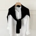Korean minimalist knitted shawl paired with white shirt, chic layered outfit for women. - Black
