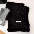 Black plush knitted winter scarf variant with grey gloves, soft and warm neck warmer. - Holographic Black
