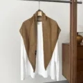 Brown wool-blend hollow-out knit triangular shawl scarf for women, elegant layering piece. - Brown