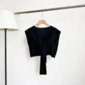 Black knitted hollow-out cape vest, lightweight summer layering top, elegant floral knitwear. - Black