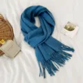 Classic solid color wool winter scarf with fringe elegant warm neck wrap for women daily wear - Lake Blue