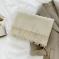 Solid color wool scarf in beige with tassels, classic winter warm neck wrap for women style. - Off White