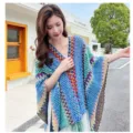Colorful ethnic knit poncho shawl for women, bohemian style outerwear cape for travel. - 135cm / Teal
