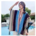 Ethnic style knitted poncho tassel shawl for travel photography and outdoor vacation wear. - 135cm / Lake Blue
