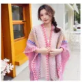 Ethnic knitted shawl cape for women, colorful wave pattern poncho for travel photography daily. - 135cm / Girly Pink