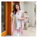 Ethnic style knit shawl cape, colorful zig-zag pattern with tassels for travel vacation. - 135cm / Pink and Green