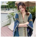 Boho ethnic style knitted poncho cape, colorful zigzag pattern shawl for women travel vacation wear - 135cm / Dark Blue