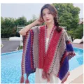 Ethnic style colorful knitted poncho tassel shawl for travel vacation outdoor wear boho style - 135cm / Bright Red