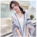 Ethnic Knit Shawl Gray Black Poncho Women Travel Outerwear Cloak Boho Style Fringe Cape - 135cm / Grayish White