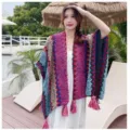 Colorful ethnic style knitted cape shawl poncho for travel vacation outdoor wear chic - 135cm / Rose Red