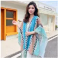 Ethnic style knitted cape for women, colorful zig zag patterned shawl for travel and daily wear. - 135cm / Lake Blue Brown