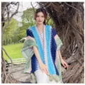 Ethnic style knitted tassel poncho cape shawl for women outdoor travel daily wear blue - 135cm / Navy & Lake Blue