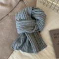 Cozy grey winter knitted scarf for women, soft ribbed warm wool neck warmer fashion accessory. - Figure-eight Pattern / Gray