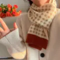 Winter warm knitted houndstooth color block scarf for women, cozy and stylish daily wear. - 1