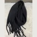 Solid black winter thick warm cozy mohair scarf variant with fringe details for cold weather. - Black