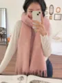 Thick mohair winter scarf for women, cozy solid color knitted tassel warm neck wrap. - Dusty Pink