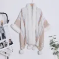 Ethnic knit cloak with plush fur collar and pom poms for women cozy winter fashion shawl - White