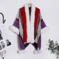Ethnic style knit cape with faux fur collar and pom-poms, cozy winter travel shawl for women. - Red