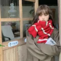 Korean style striped knit winter scarf for women, thick warm couple cozy fashion neck wrap. - Red