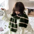 Green striped knitted scarf for women, warm winter thick cozy neck warmer accessory stylish. - Dark Green