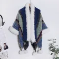 Boho knit shawl with plush white faux fur collar and pom pom fringe for women winter travel. - Peacock Blue