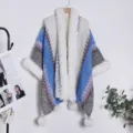 Ethnic style knitted shawl with plush fur collar and pom poms winter warm cloak cape - Blue Gray